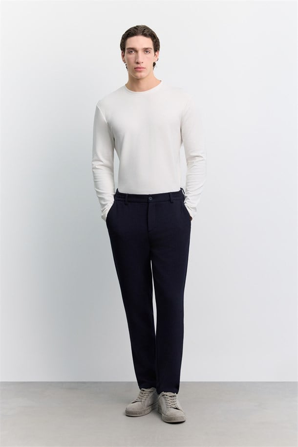 Lacivert Gofreli Yanı Lastikli Slim Fit Pantolon