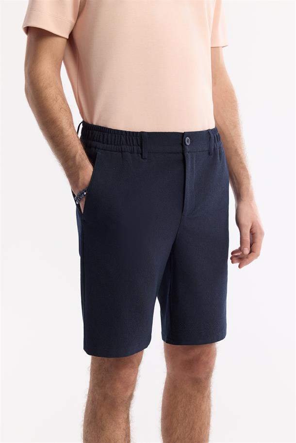 Lacivert Yanı Lastikli Gofreli Bi-Stretch Chino Şort