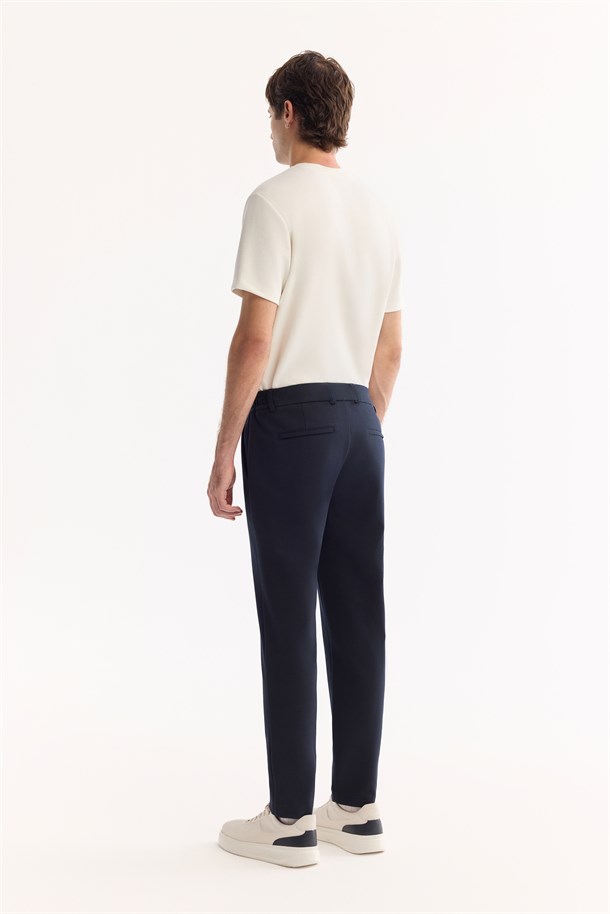 Navy Side Elastic Viscose Blend Chino Pants