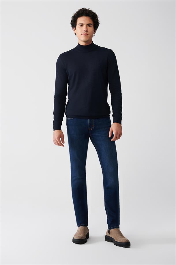 Lacivert Yarım Balıkçı Yaka Yün Karışımlı Triko Kazak