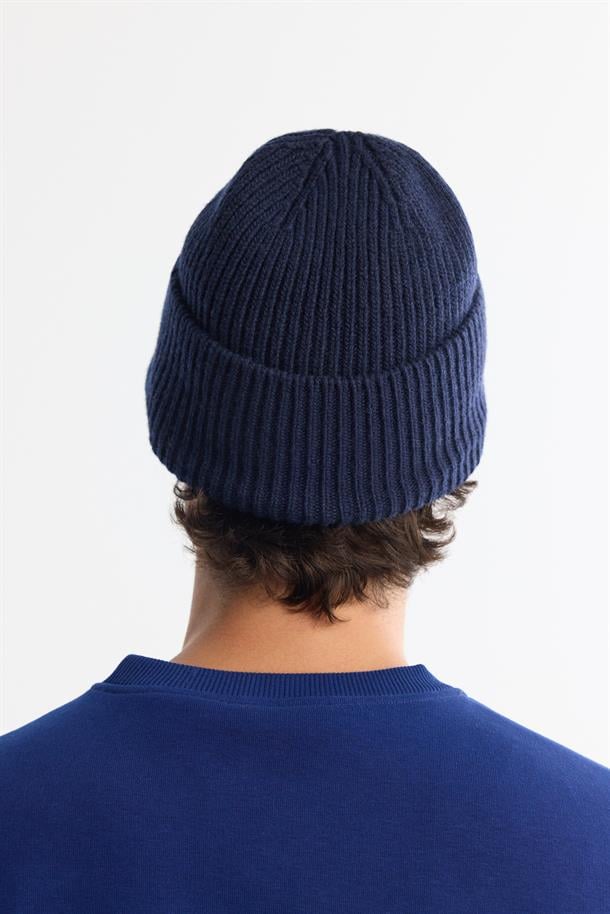 Navy Wool Blend Logo Ribbed Beanie