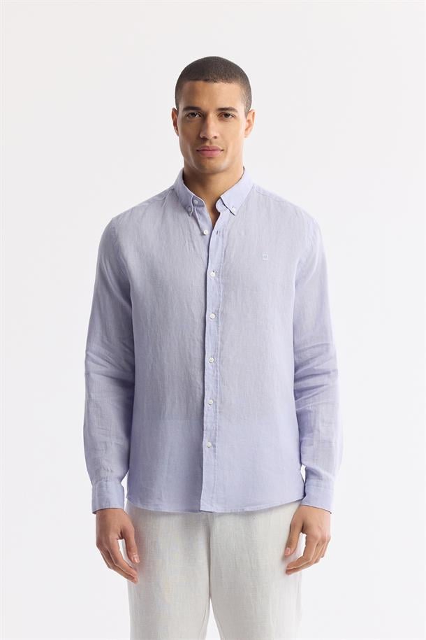 Lila Düğmeli Yaka %100 Keten Gömlek