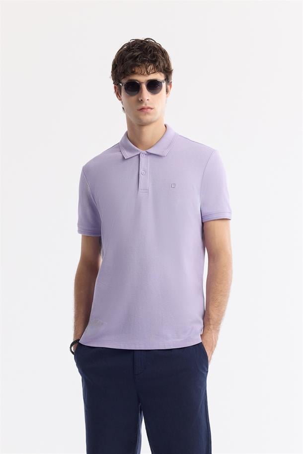 Lila Kıvrılmaz Polo Yaka %100 Pamuk Basic T-Shirt