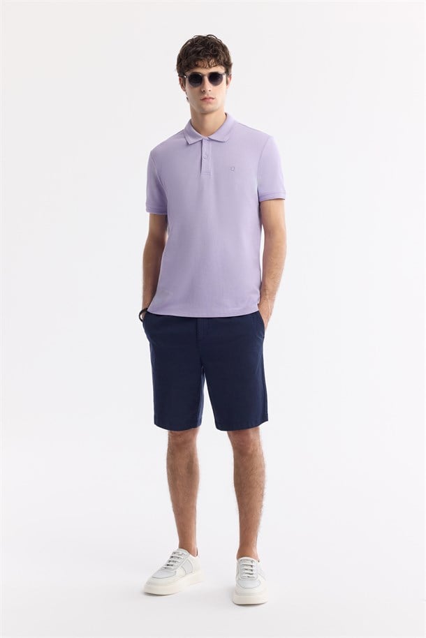 Lila Kıvrılmaz Polo Yaka %100 Pamuk Basic T-Shirt