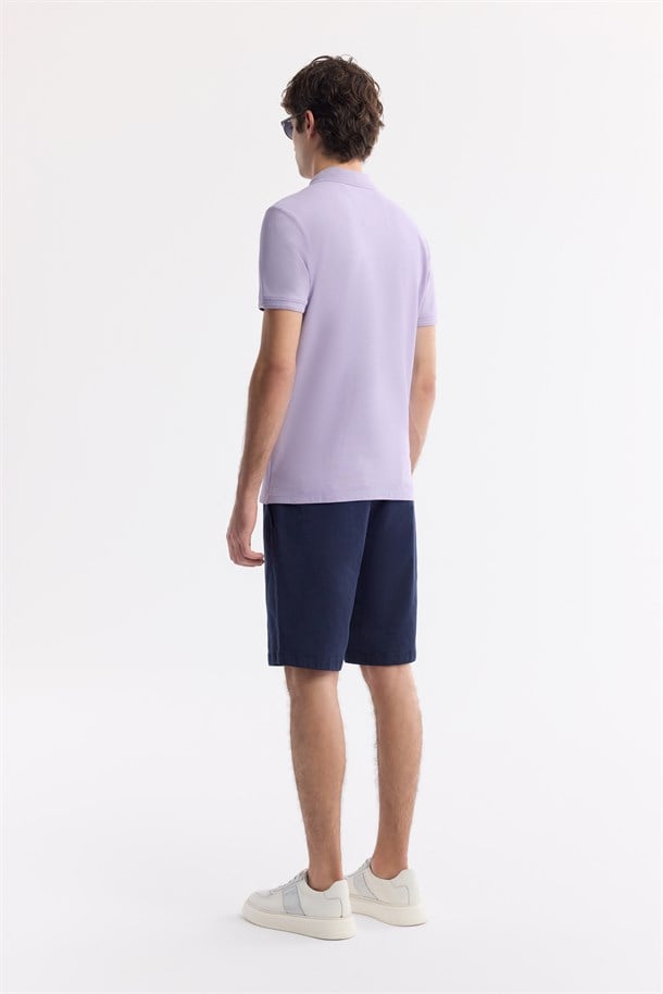 Lila Kıvrılmaz Polo Yaka %100 Pamuk Basic T-Shirt