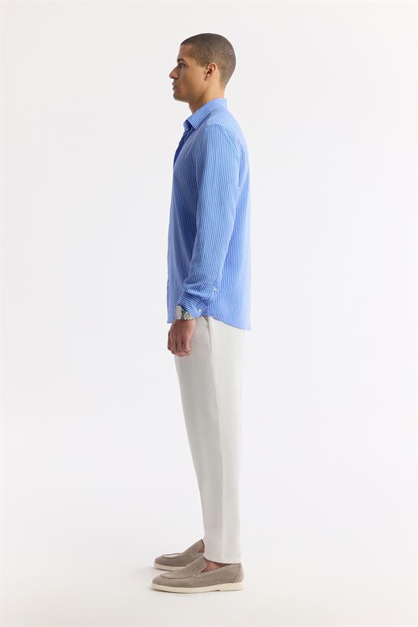 Mavi Alttan Britli Yaka Çizgili Viskon Karışımlı Gömlek