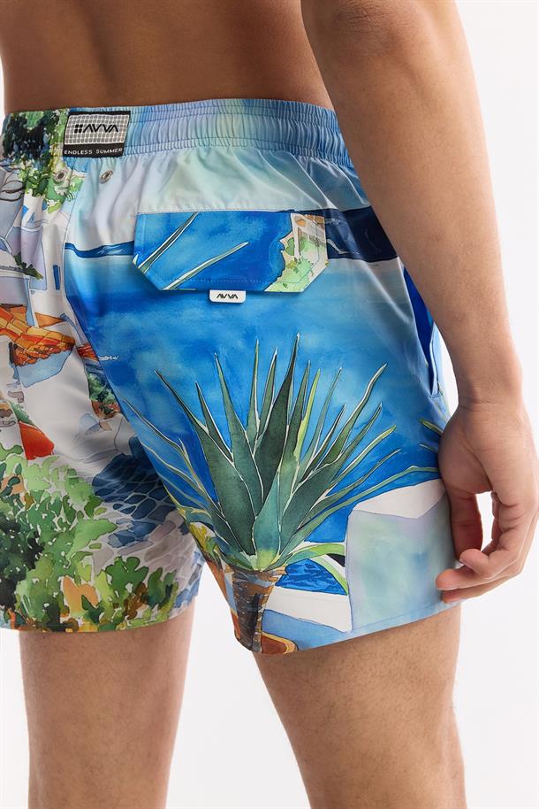 Mavi Hızlı Kuruyan Baskılı Çantalı Deniz Şortu