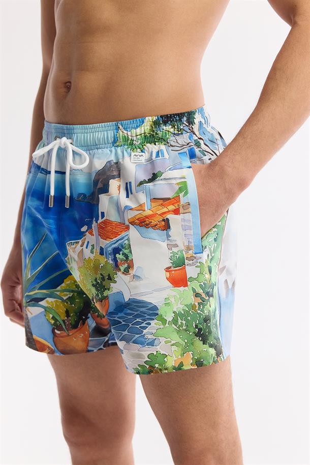 Mavi Hızlı Kuruyan Baskılı Çantalı Deniz Şortu