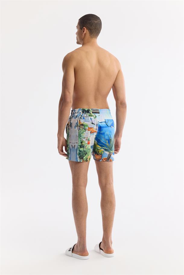 Mavi Hızlı Kuruyan Baskılı Çantalı Deniz Şortu