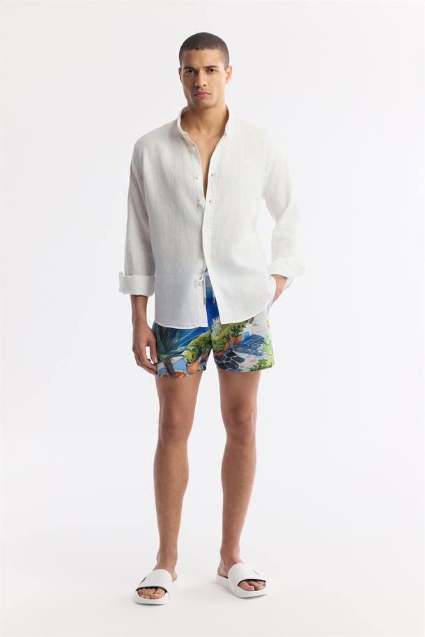 Mavi Hızlı Kuruyan Baskılı Çantalı Deniz Şortu