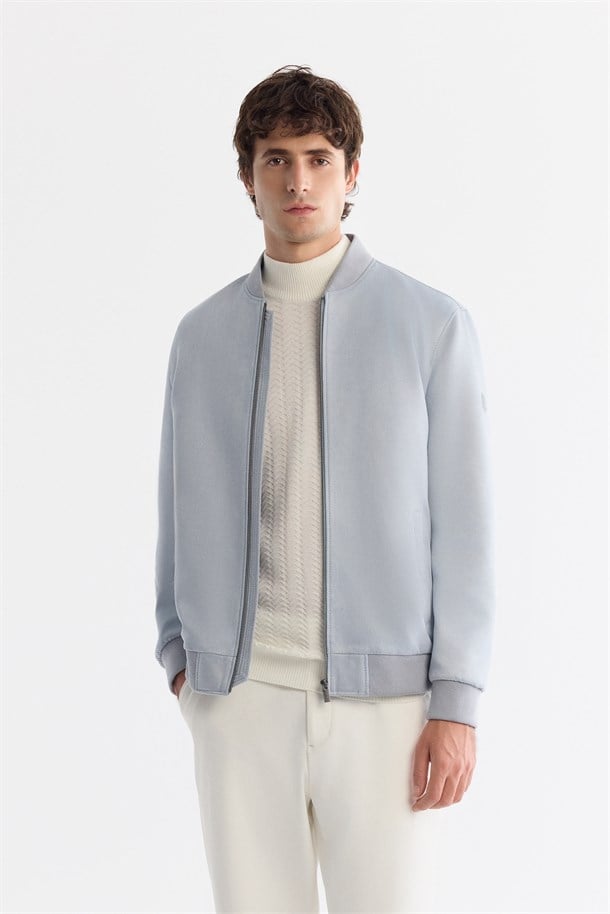 Blue Faux Suede Bomber Jacket