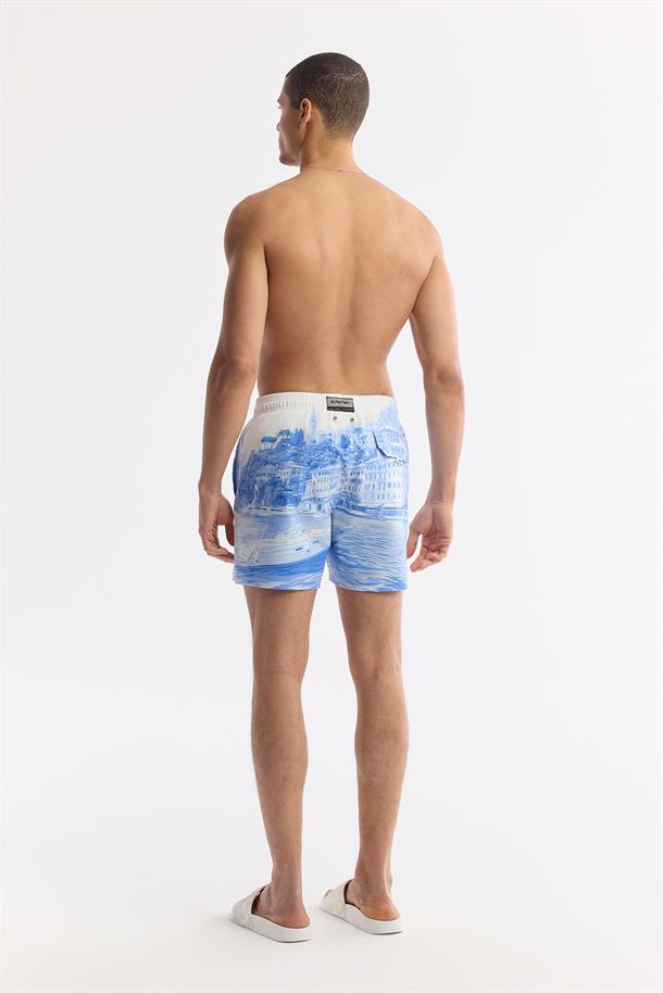 Mavi Hızlı Kuruyan Baskılı Çantalı Deniz Şortu