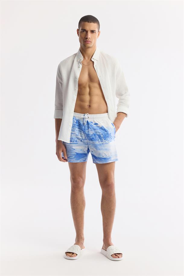 Mavi Hızlı Kuruyan Baskılı Çantalı Deniz Şortu