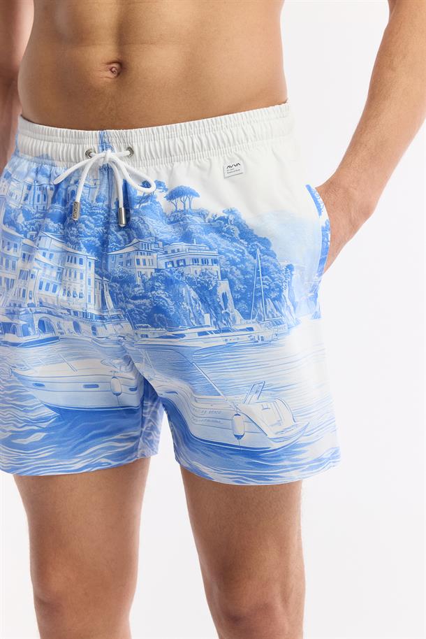 Mavi Hızlı Kuruyan Baskılı Çantalı Deniz Şortu