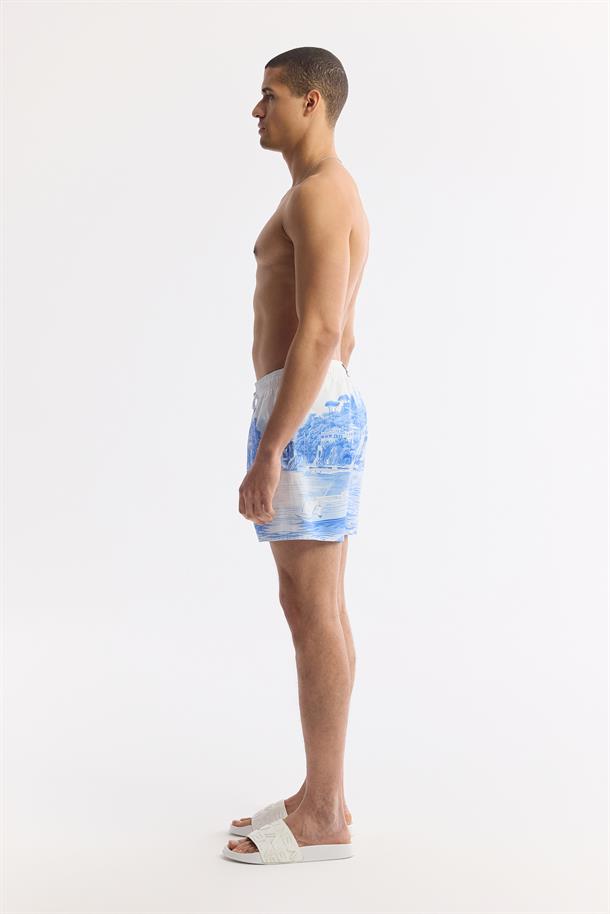 Mavi Hızlı Kuruyan Baskılı Çantalı Deniz Şortu