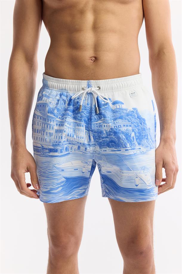 Mavi Hızlı Kuruyan Baskılı Çantalı Deniz Şortu