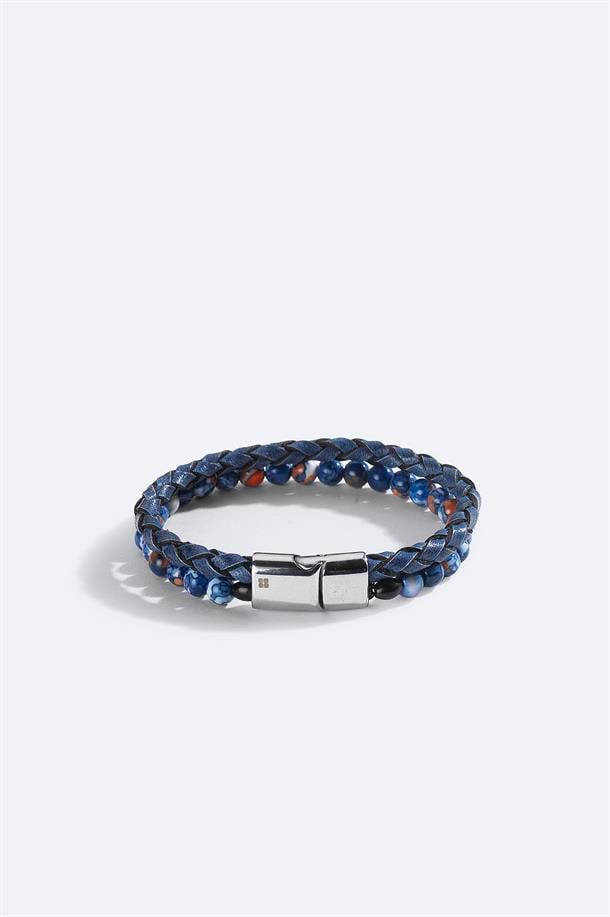 Mavi %100 Deri ve Ceyt Taşlı Bileklik