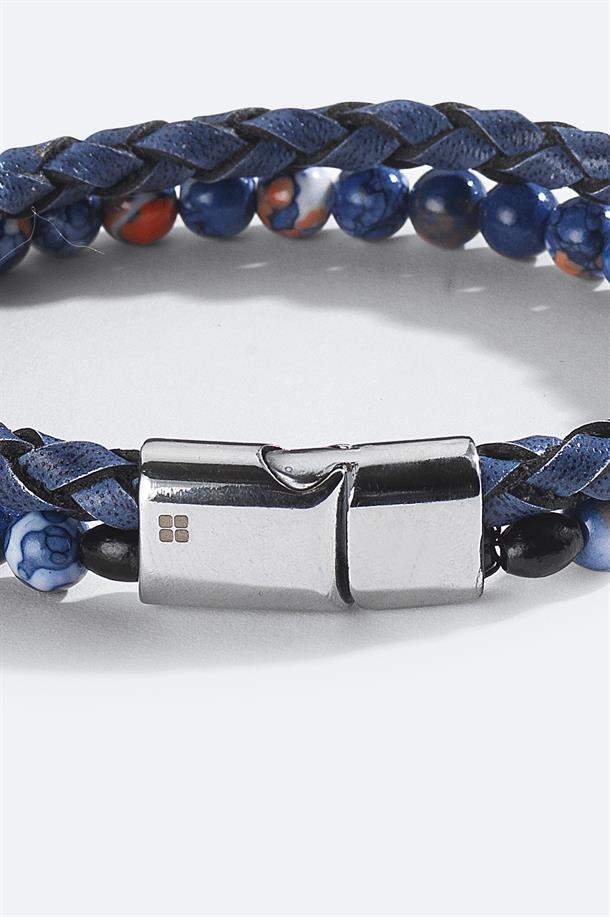 Mavi %100 Deri ve Ceyt Taşlı Bileklik