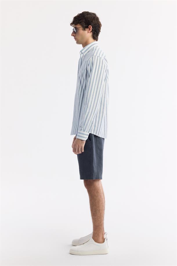  Blue Button Collar Striped 100% Cotton Shirt