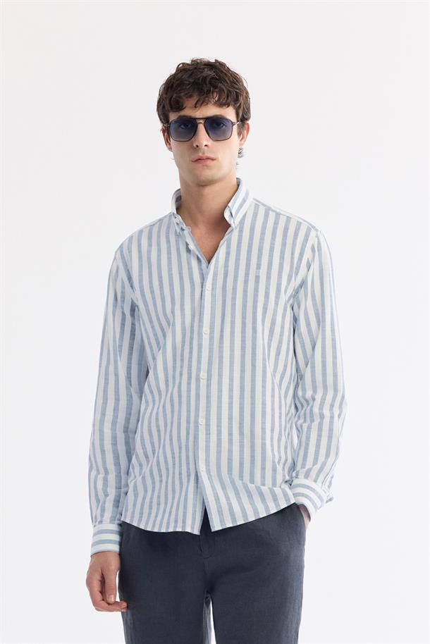  Blue Button Collar Striped 100% Cotton Shirt