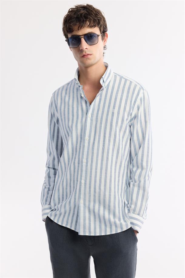  Blue Button Collar Striped 100% Cotton Shirt