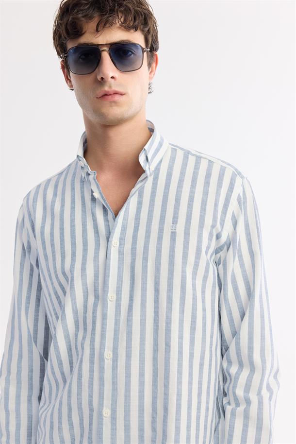  Blue Button Collar Striped 100% Cotton Shirt
