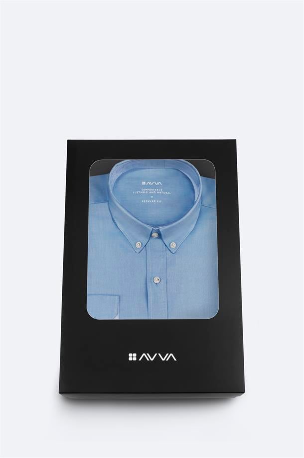 Mavi Düğmeli Yaka Hediye Kutulu %100 Pamuk Basic Gömlek