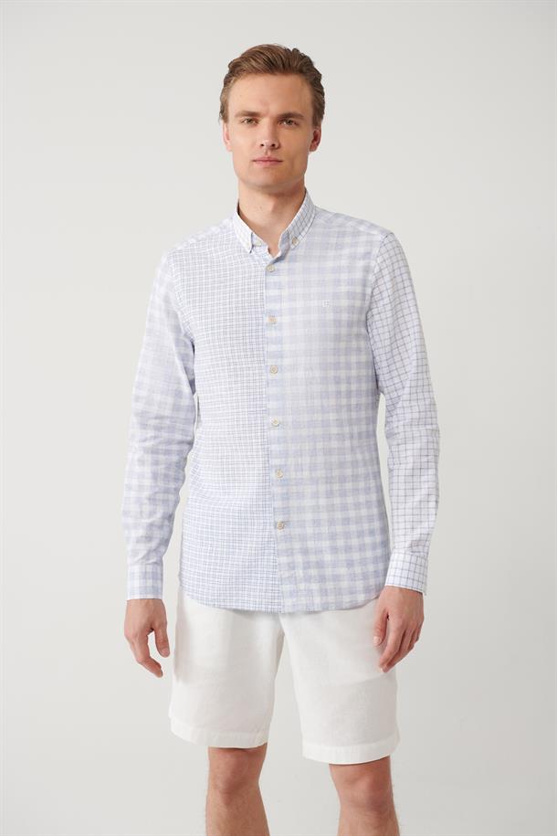 Mavi Ekose Parçalı Keten Karışımlı Gömlek