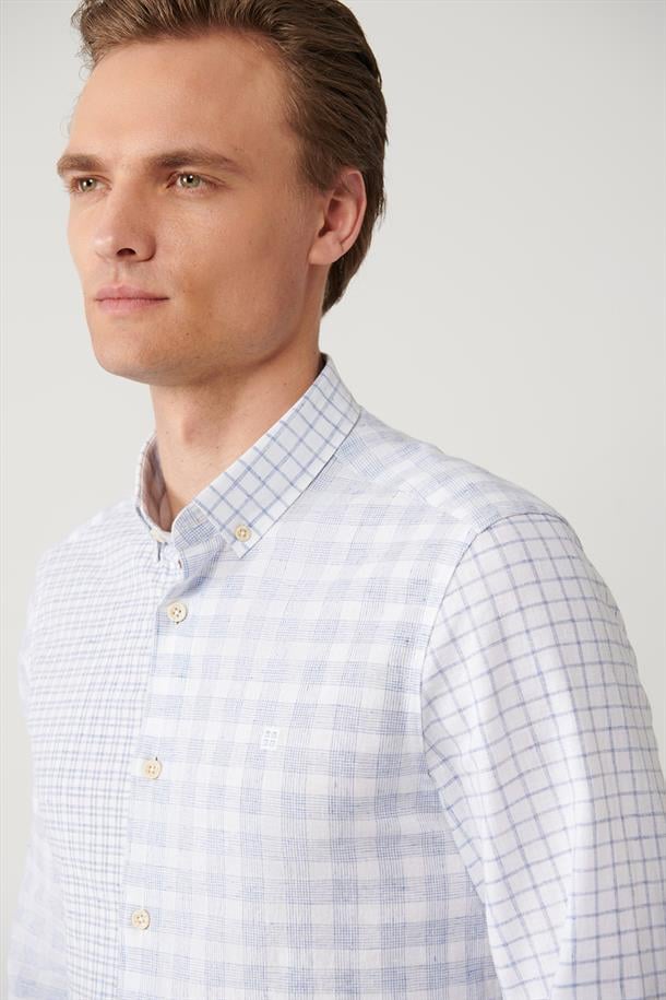 Mavi Ekose Parçalı Keten Karışımlı Gömlek