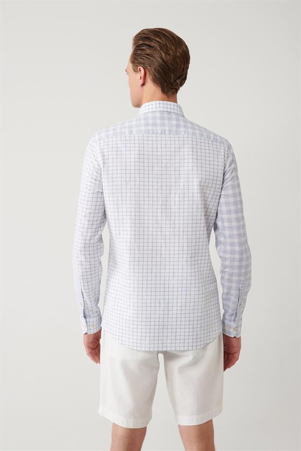 Mavi Ekose Parçalı Keten Karışımlı Gömlek