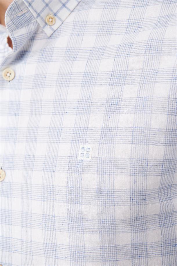 Mavi Ekose Parçalı Keten Karışımlı Gömlek