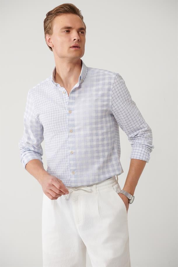 Mavi Ekose Parçalı Keten Karışımlı Gömlek