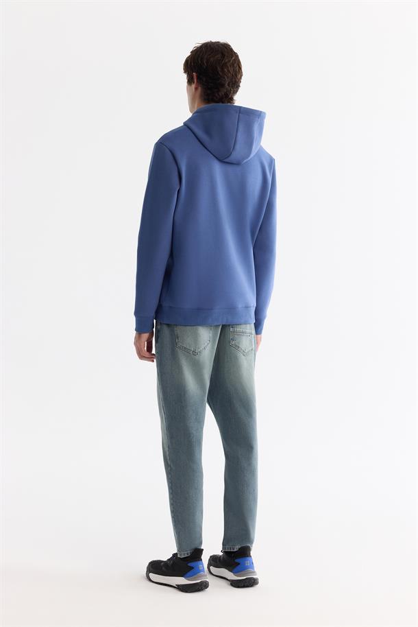 Mavi Kapüşonlu Pamuklu Baskılı Elastan Sweatshirt