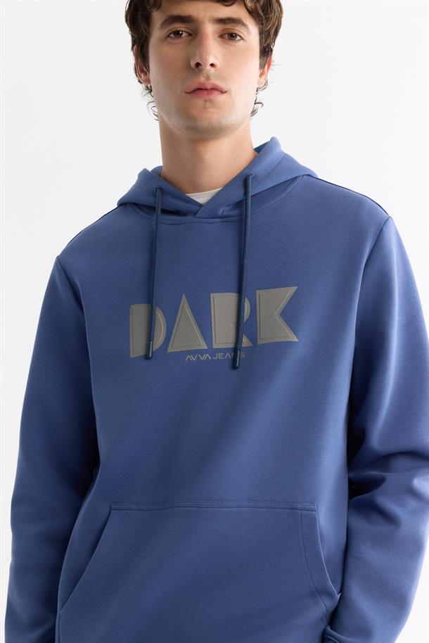 Mavi Kapüşonlu Pamuklu Baskılı Elastan Sweatshirt