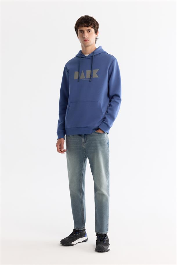 Mavi Kapüşonlu Pamuklu Baskılı Elastan Sweatshirt