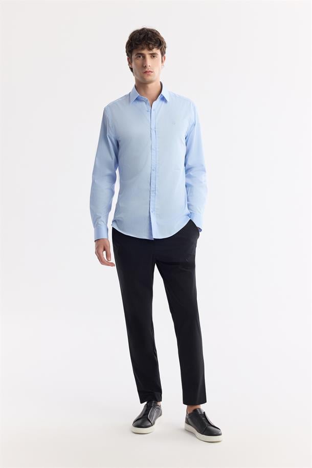 Mavi Klasik Yaka %100 Pamuk Saten Kolay Ütülenen Gömlek