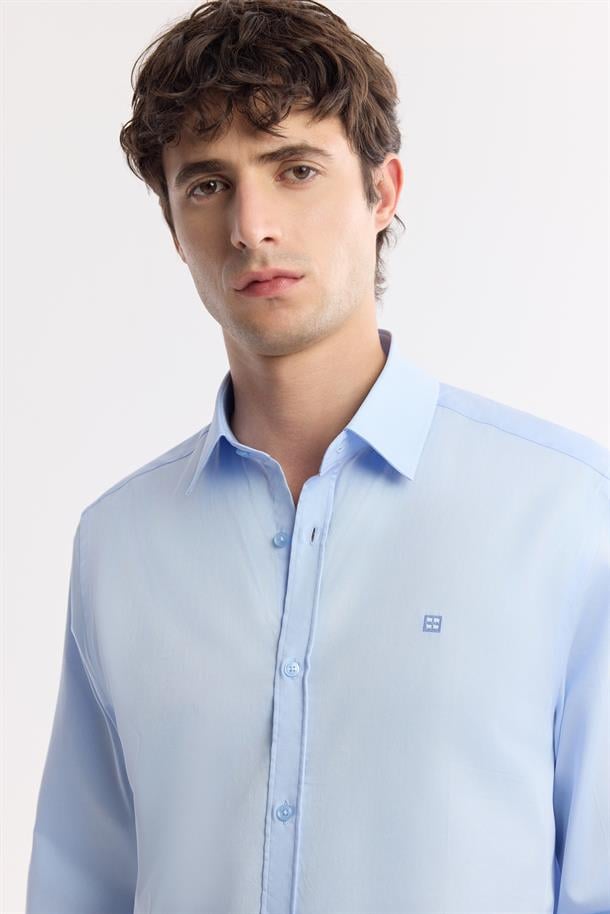 Mavi Klasik Yaka %100 Pamuk Saten Kolay Ütülenen Gömlek