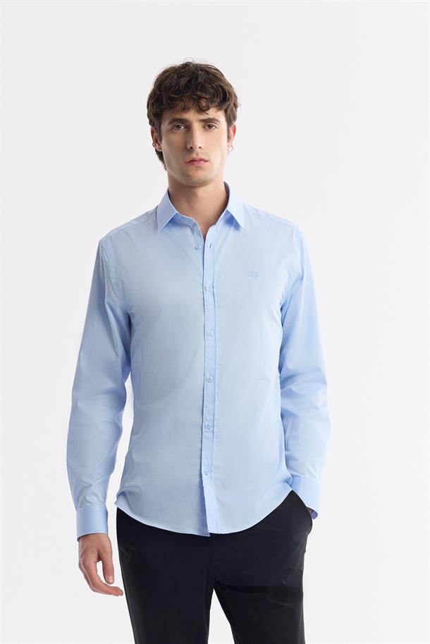 Mavi Klasik Yaka %100 Pamuk Saten Kolay Ütülenen Gömlek