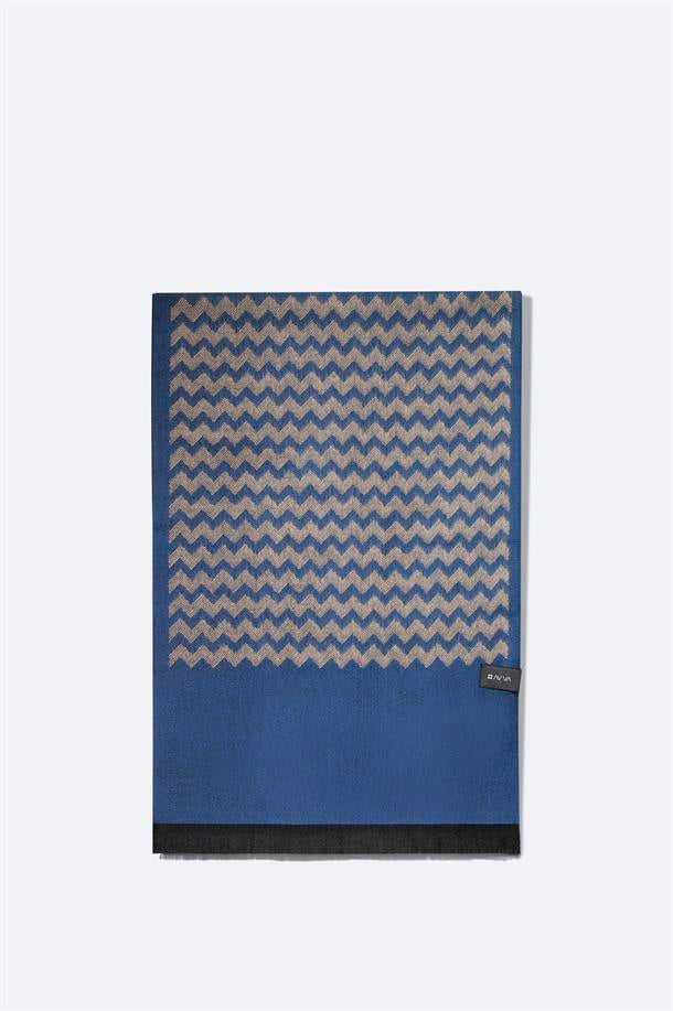 Mavi Viskon Karışımlı Püsküllü Desenli Şal