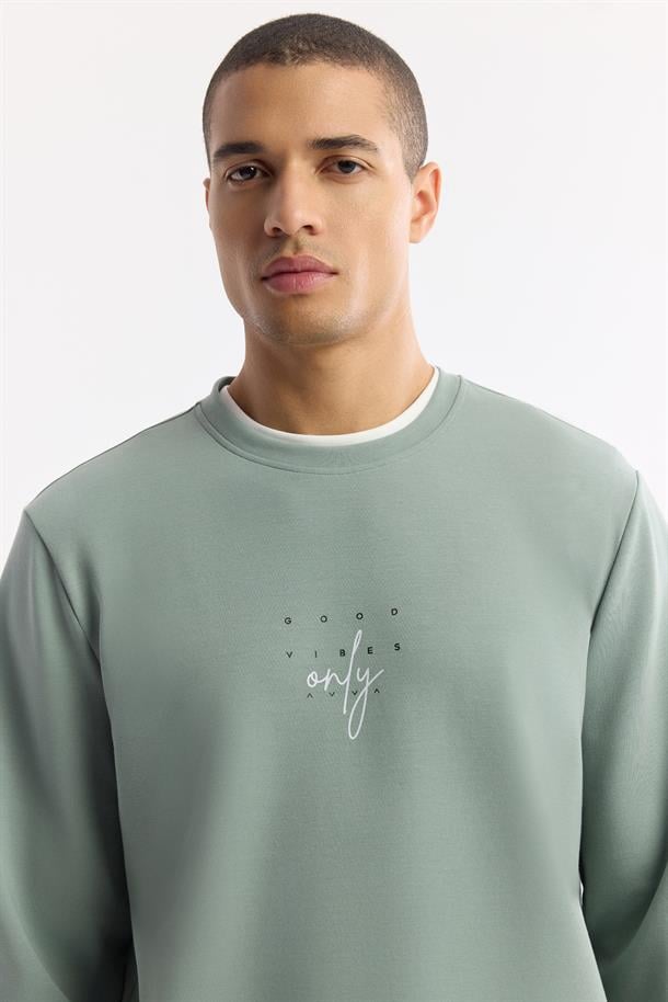 Mint Yeşil Bisiklet Yaka Baskılı Bi-Stretch İnterlok Sweatshirt