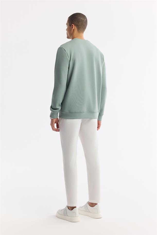 Mint Yeşil Bisiklet Yaka Baskılı Bi-Stretch İnterlok Sweatshirt