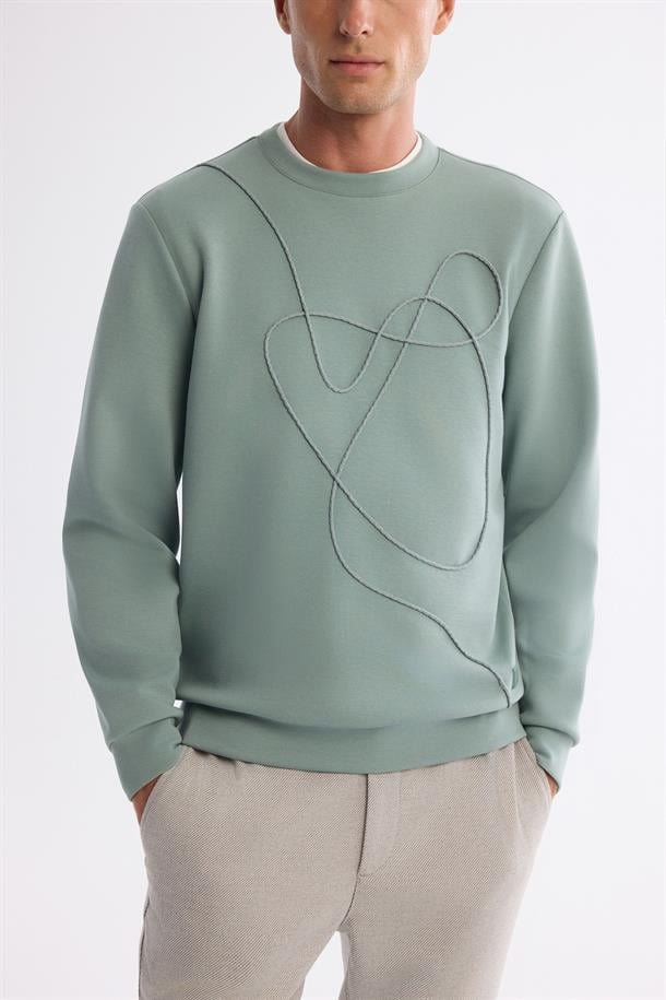 Mint Yeşil Bisiklet Yaka Pamuklu Nakışlı Sweatshirt