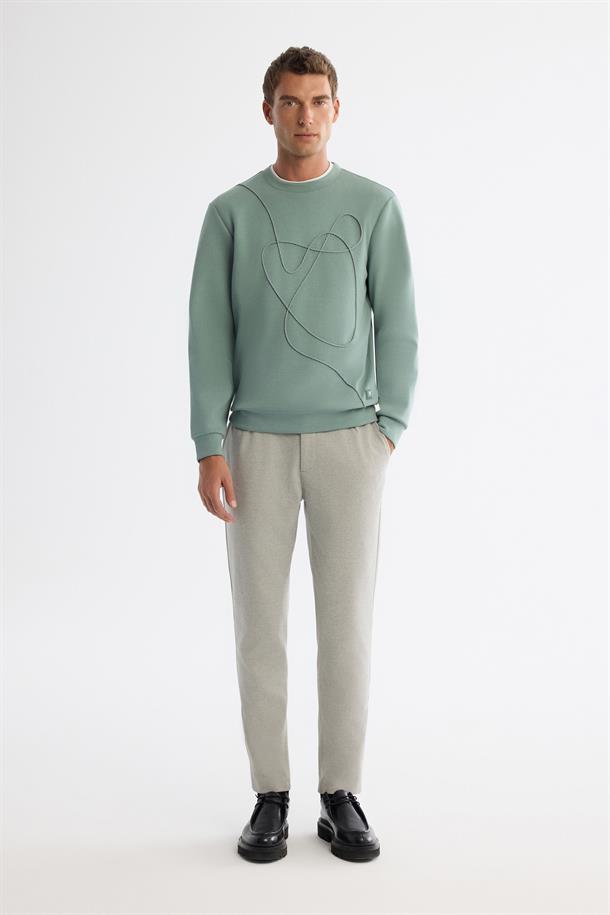 Mint Yeşil Bisiklet Yaka Pamuklu Nakışlı Sweatshirt