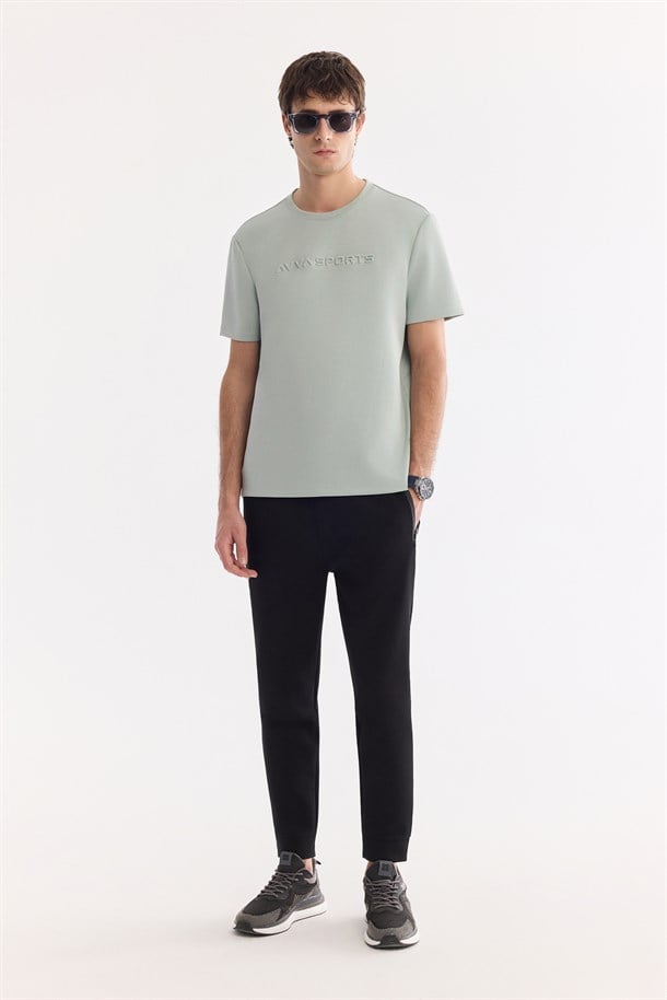 Mint Yeşil Bisiklet Yaka Baskılı İnterlok T-Shirt