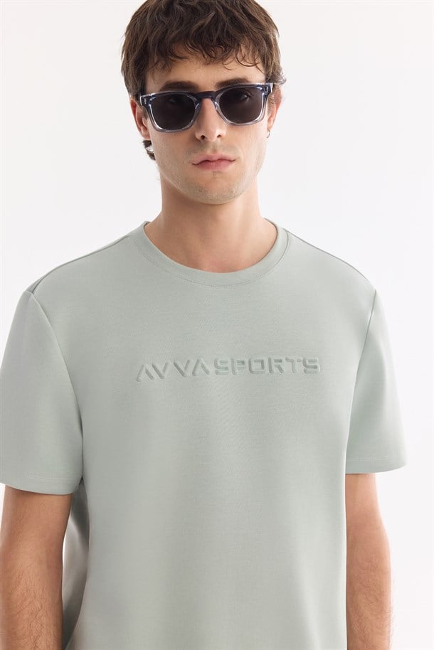 Mint Yeşil Bisiklet Yaka Baskılı İnterlok T-Shirt