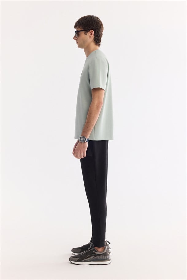 Mint Yeşil Bisiklet Yaka Baskılı İnterlok T-Shirt