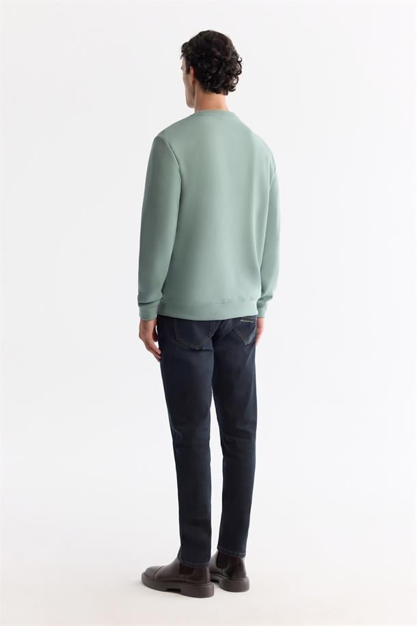 Mint Yeşil Bisiklet Yaka Pamuklu Baskılı Elastan Sweatshirt