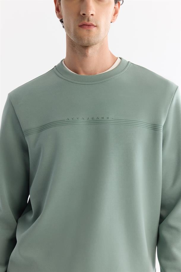 Mint Yeşil Bisiklet Yaka Pamuklu Baskılı Elastan Sweatshirt