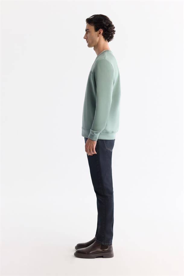 Mint Yeşil Bisiklet Yaka Pamuklu Baskılı Elastan Sweatshirt