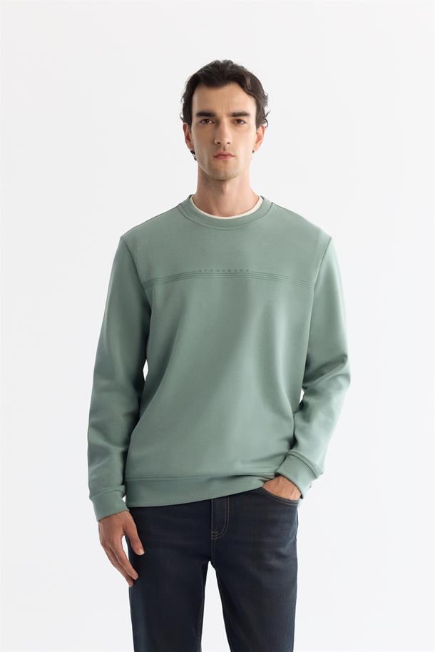 Mint Yeşil Bisiklet Yaka Pamuklu Baskılı Elastan Sweatshirt
